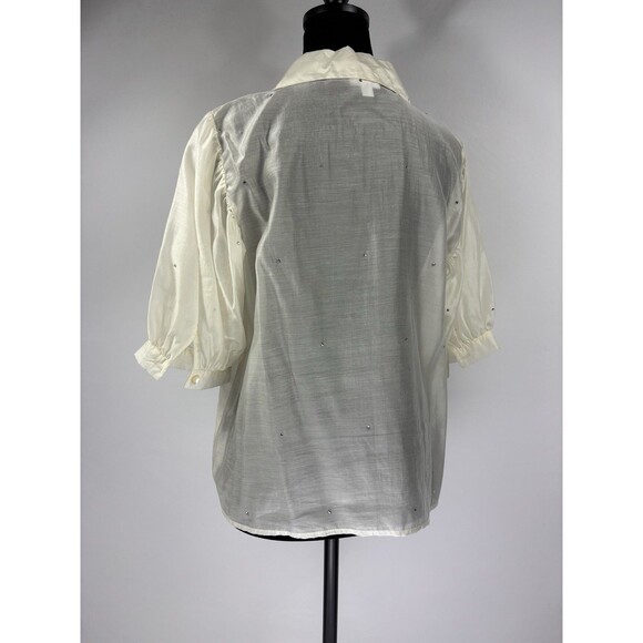 Bailey 44 Sheer Button Down Cream Medium Rhinestones Sparkle Short Puff Sleeve - Picture 2 of 9